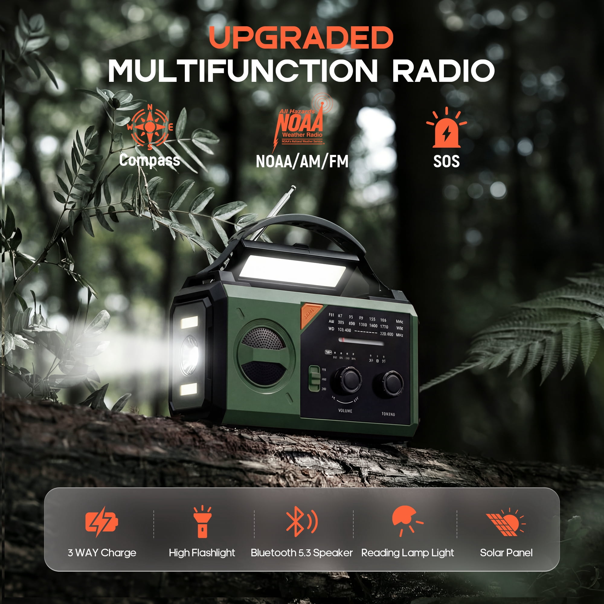 Biotree 30000mAh Weather Radio with NOAA 7-Band Alerts, Upgraded Emergency Radio with USB/Solar/Hand Crank Charging, Flashlight, SOS Alarm, Compass for Camping Hurricane Preparedness,Green