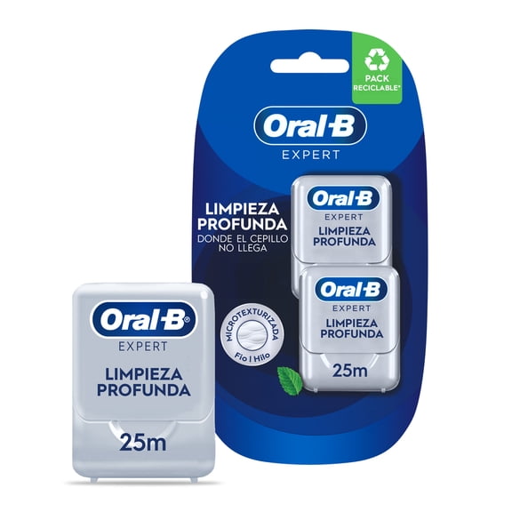 Hilo Dental Oral-B Expert Limpieza Profunda, con Textura Satinada de fácil manejo, 25 m x 2 pzas