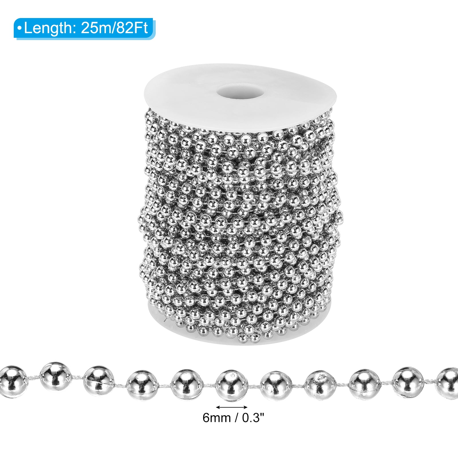 Uxcell 6mm 82Ft Pearl Beads Garland, Faux Pearl Strands Roll Spools  for DIY ,Silver