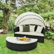 Gymax Outdoor Patio Round Wicker Daybed w/ Separate Seating Sofa, Retractable Canopy, 4 Cushion 3 Pillows Black & White