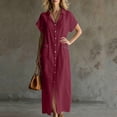 thumbnail image 4 of Kukoosong Women's Collared V Neck Short Sleeve Maxi Shirt Dress, Button Down Casual Loose Tunic Dress with Pockets for Summer Beach Vacation, 4 of 7