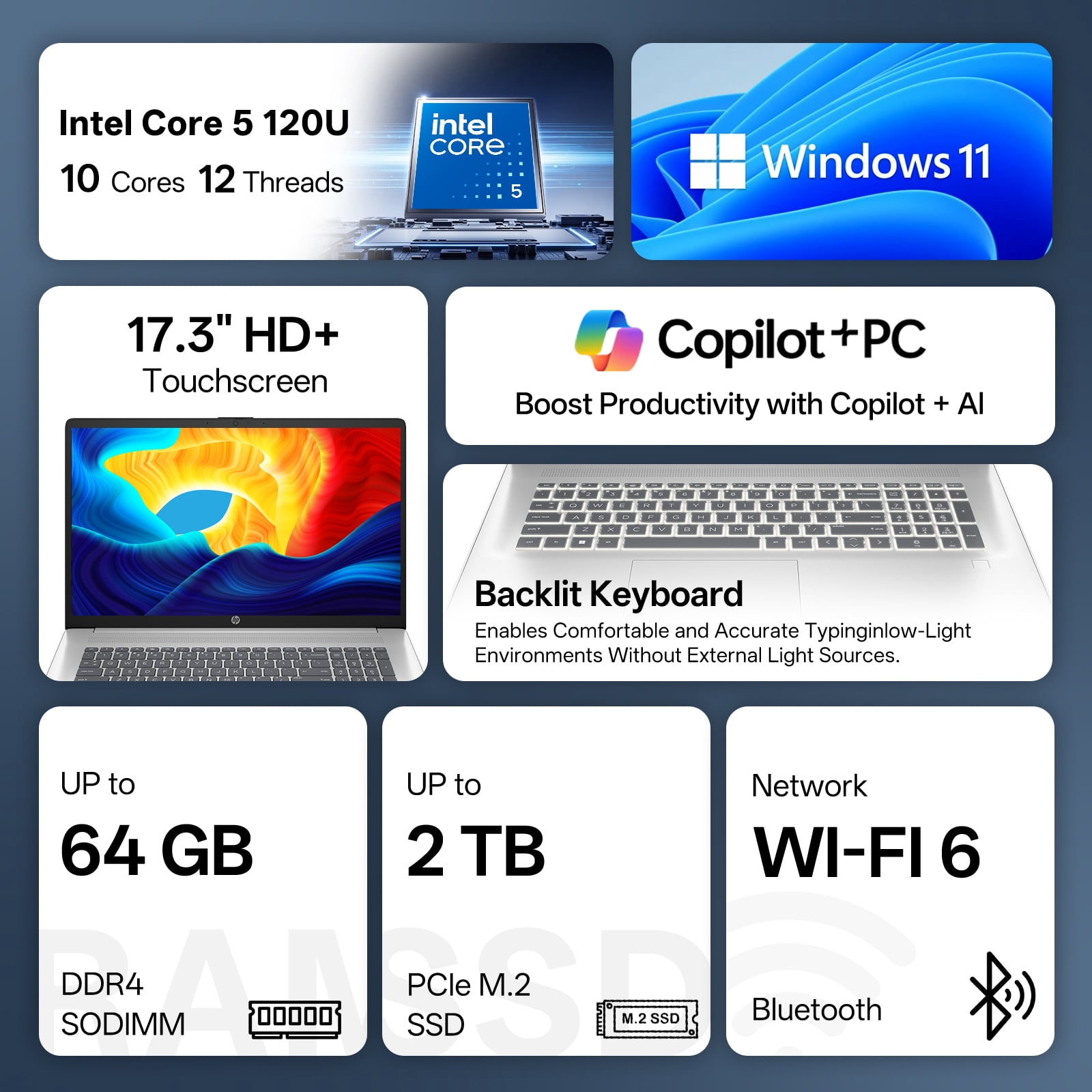 HP Essential 17.3" HD+ Touchscreen Laptop, Intel Core 5 120U, 16GB RAM, 1TB SSD, Windows 11 Home, Silver