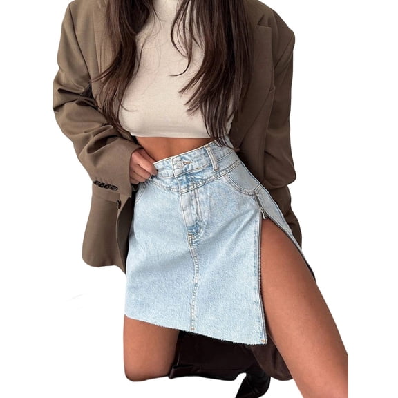 Skorts Skirts for Women Denim Mini Skirt Side Slit with Zippered Light Blue S