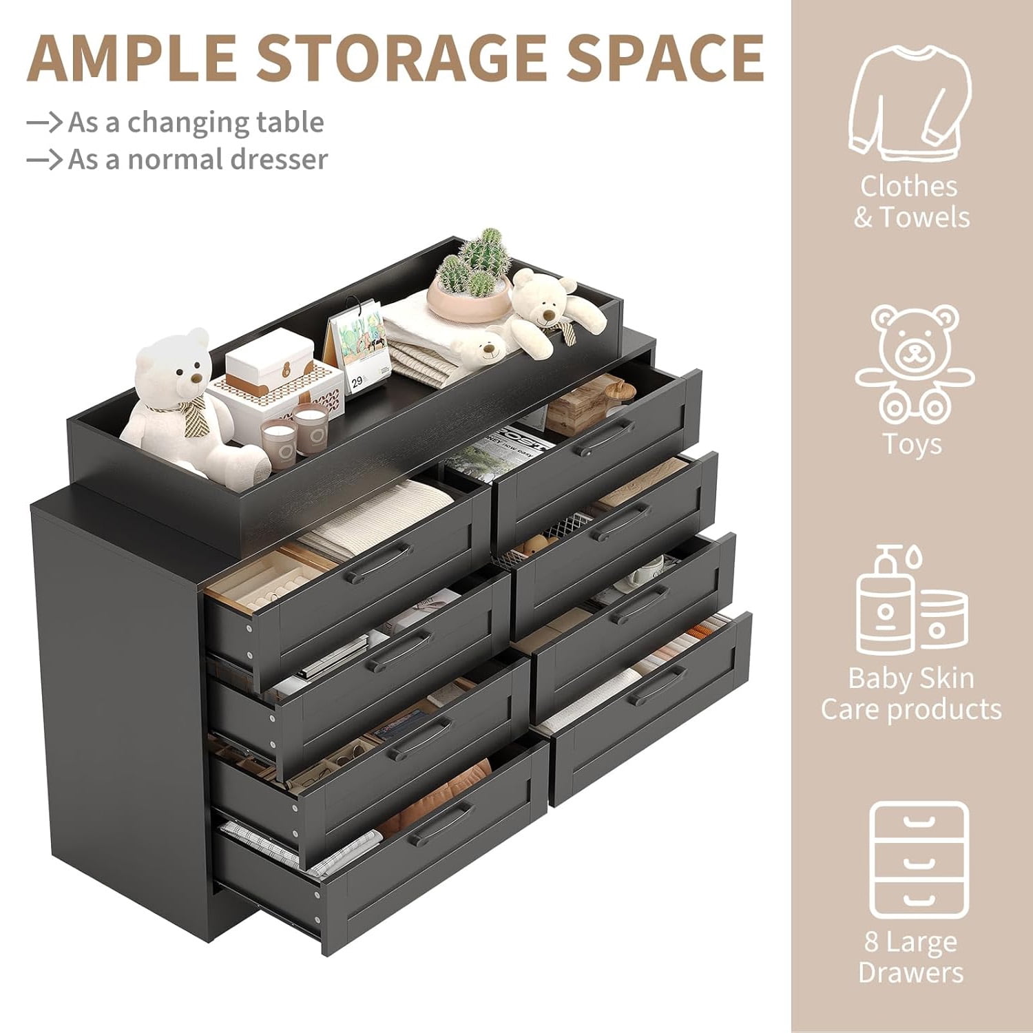 Roromall 8 Drawer Dresser, Changing Table with 8 Drawer, Charging Station, Modern Wood Storage Organizer for Bedroom, Living Room