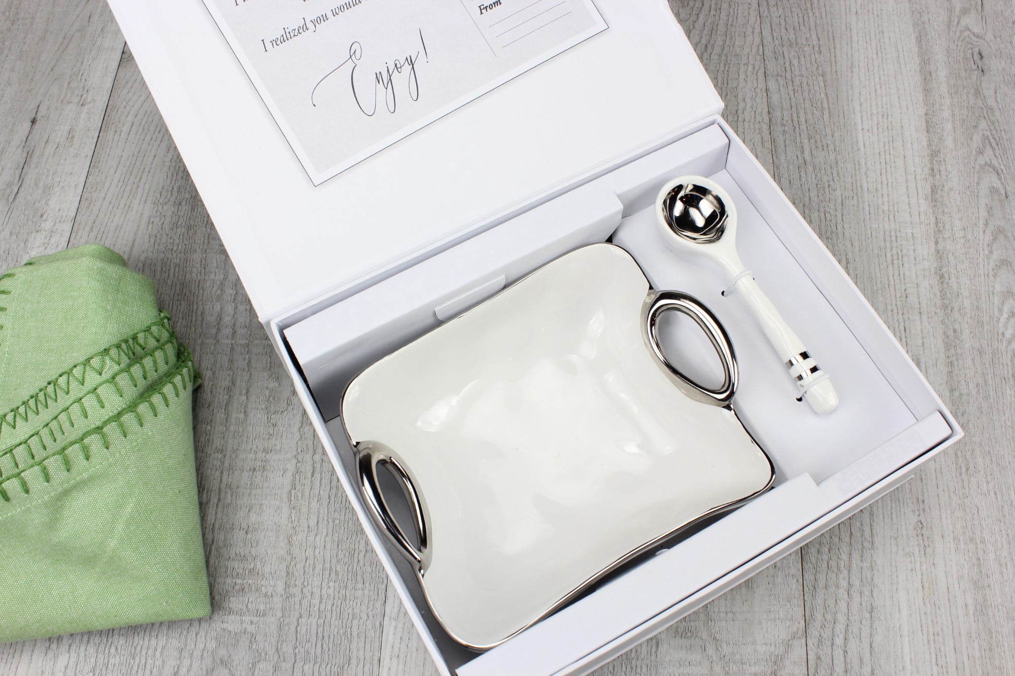 Pampa Bay Get Gifty Bowl & Spoon Set - Titanium Finish Porcelain, Oven Safe To 350°F, Gift Boxed