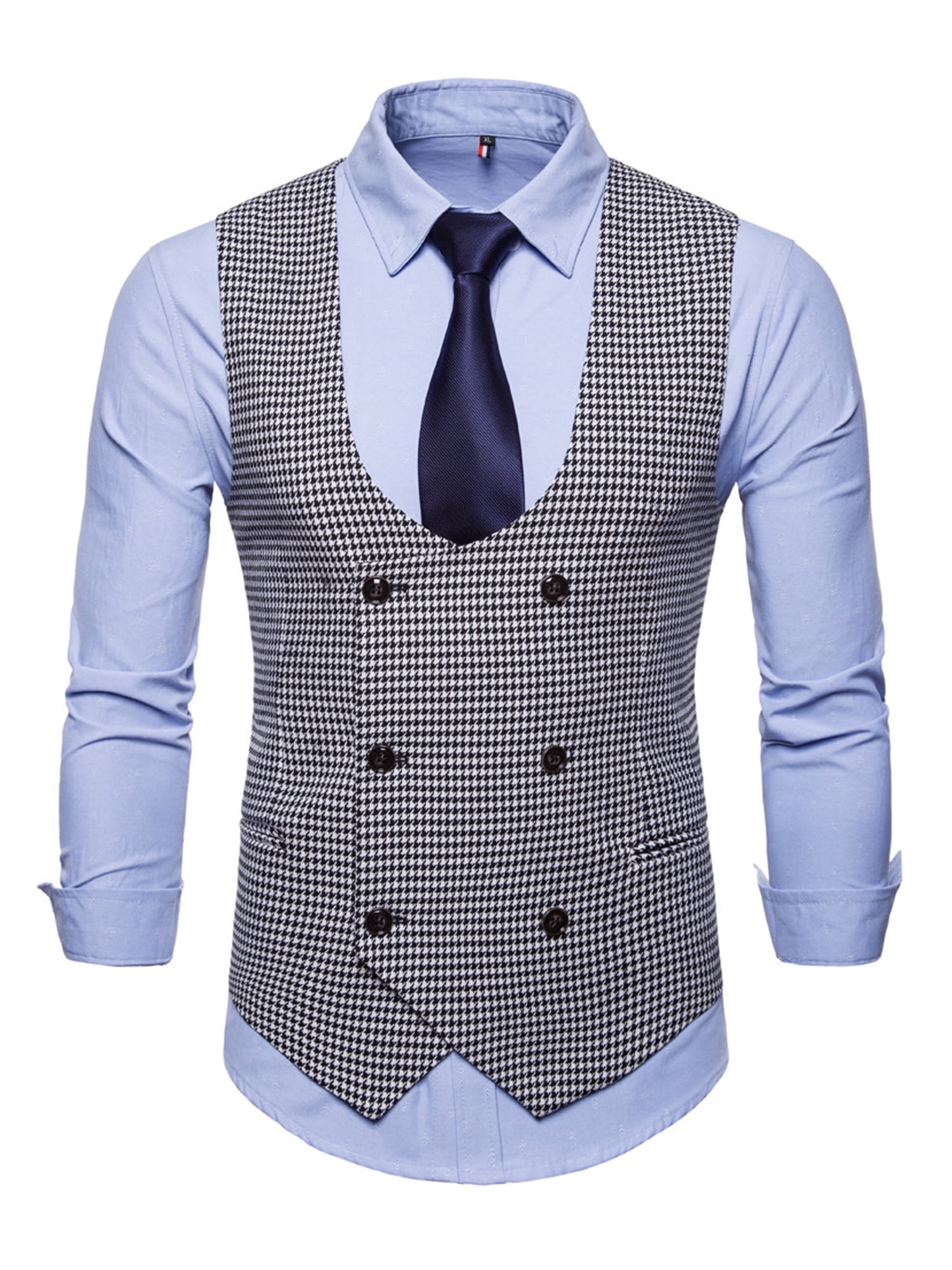 Men Formal Casual Business Vest Suit Slim Double-Breasted Plaid Waistcoat Coat L 