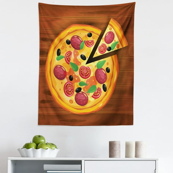 Pizza Tapestry, Delicious Italian Cuisine Sliced Round Food Pepperoni Olive Basil Tomatoes, Fabric Wall Hanging Decor for Bedroom Living Room Dorm, 5 Sizes, Cinnamon Multicolor, by Ambesonne