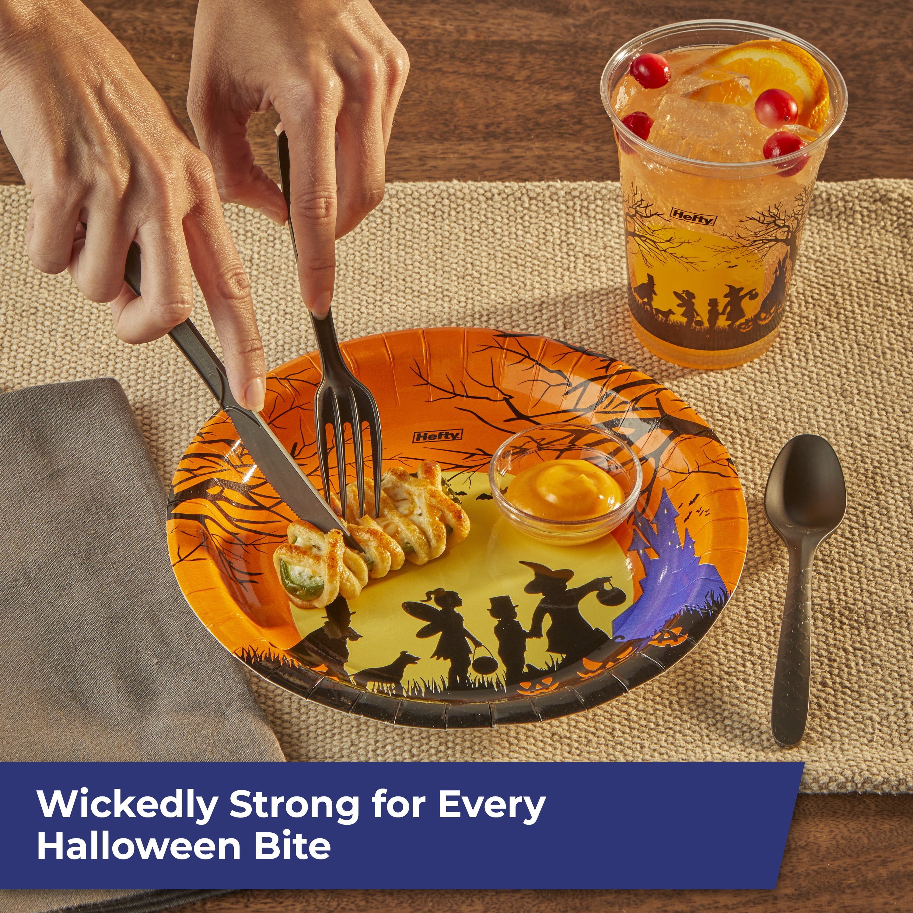 Hefty Halloween Collection Disposable 18oz Plastic Cups 15ct, 8.6 inch Paper Plates 20ct, and ECOSAVE Compostable Assorted Cutlery Set 24ct