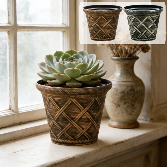Plastic Basin 7" Gold Plastic Succulent Pot with Roman Rattan Design for Bonsai Balcony Vegetable Planting(1Pcs) Rkxzt