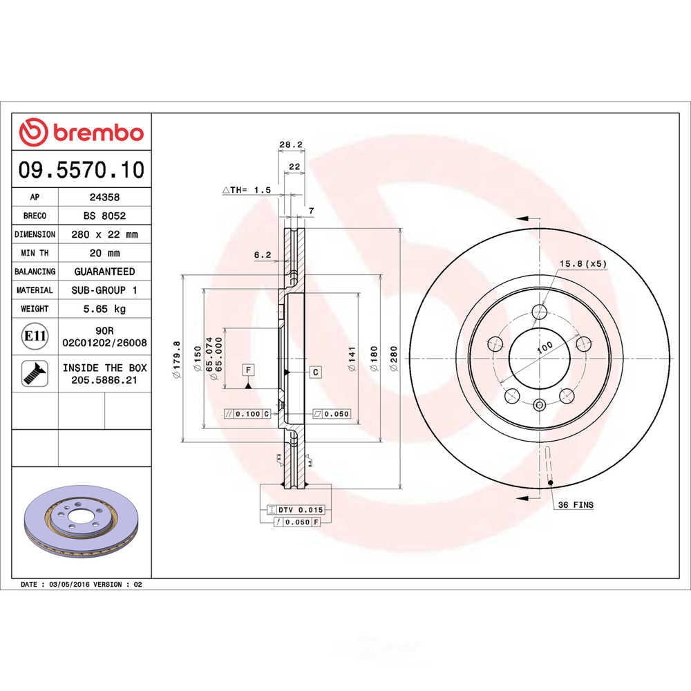 Brembo 09.5570.10 Disc Brake Rotor Fits select: 1992-1994 VOLKSWAGEN CORRADO SLC, 1993-1995 VOLKSWAGEN PASSAT GLX