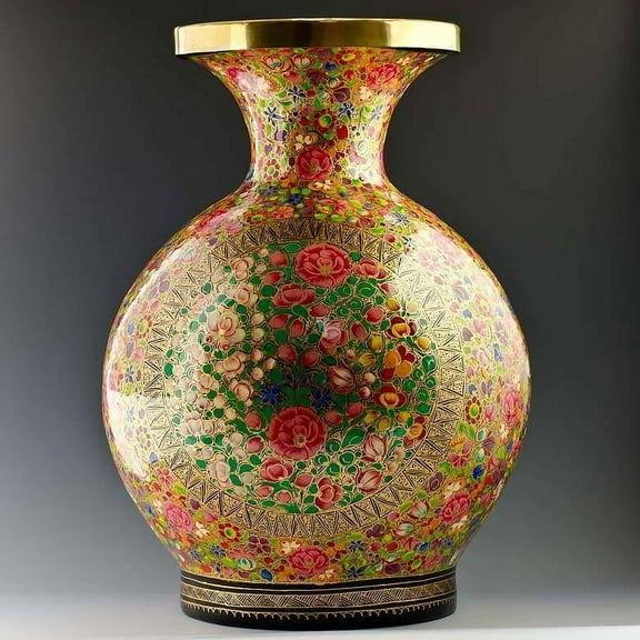Oriental Flowers Hand Painted Wooden Vase 12 Inches