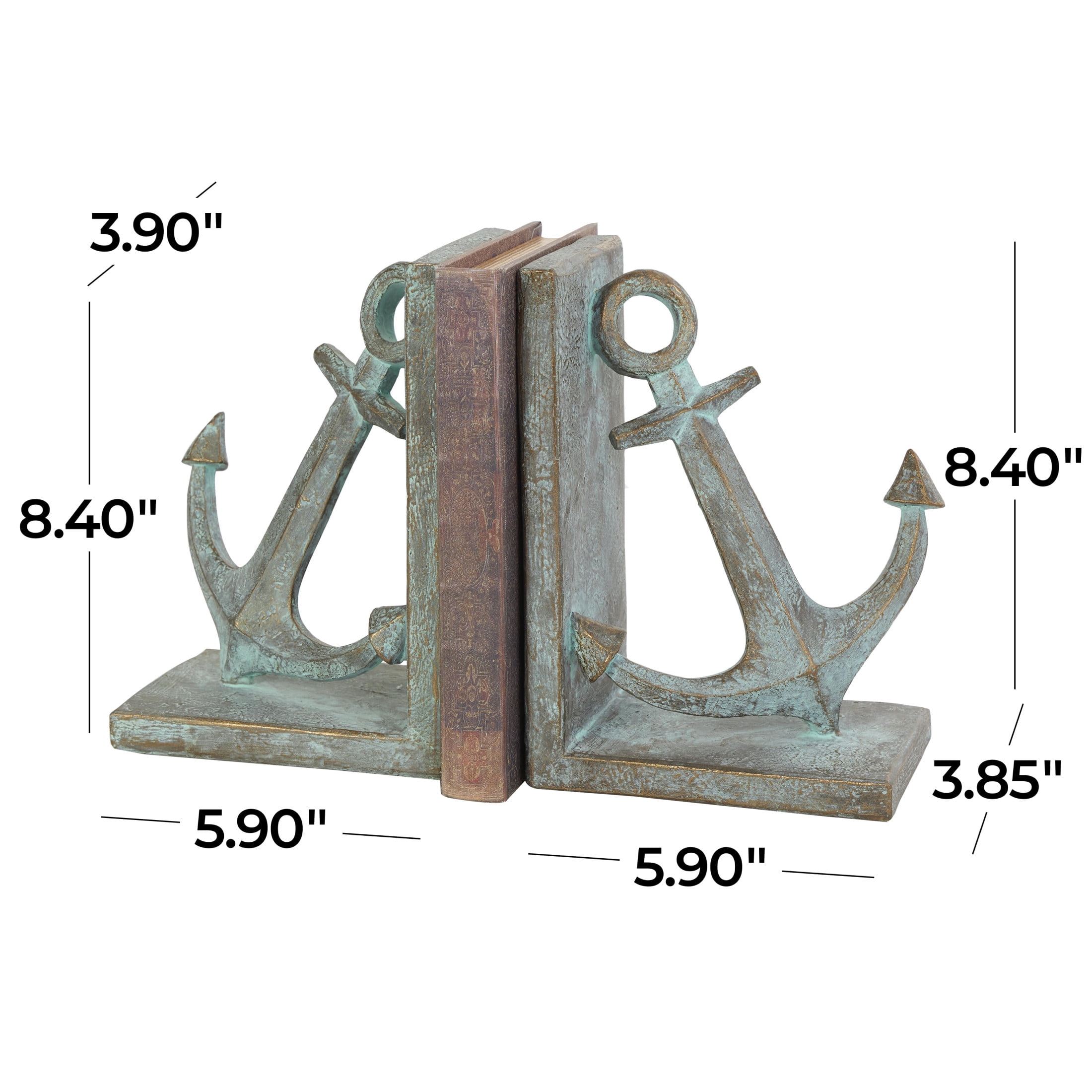 DecMode 4" Distressed Patina Anchor Blue Polyresin Bookends with Gold Foil Accents (Set of 2)
