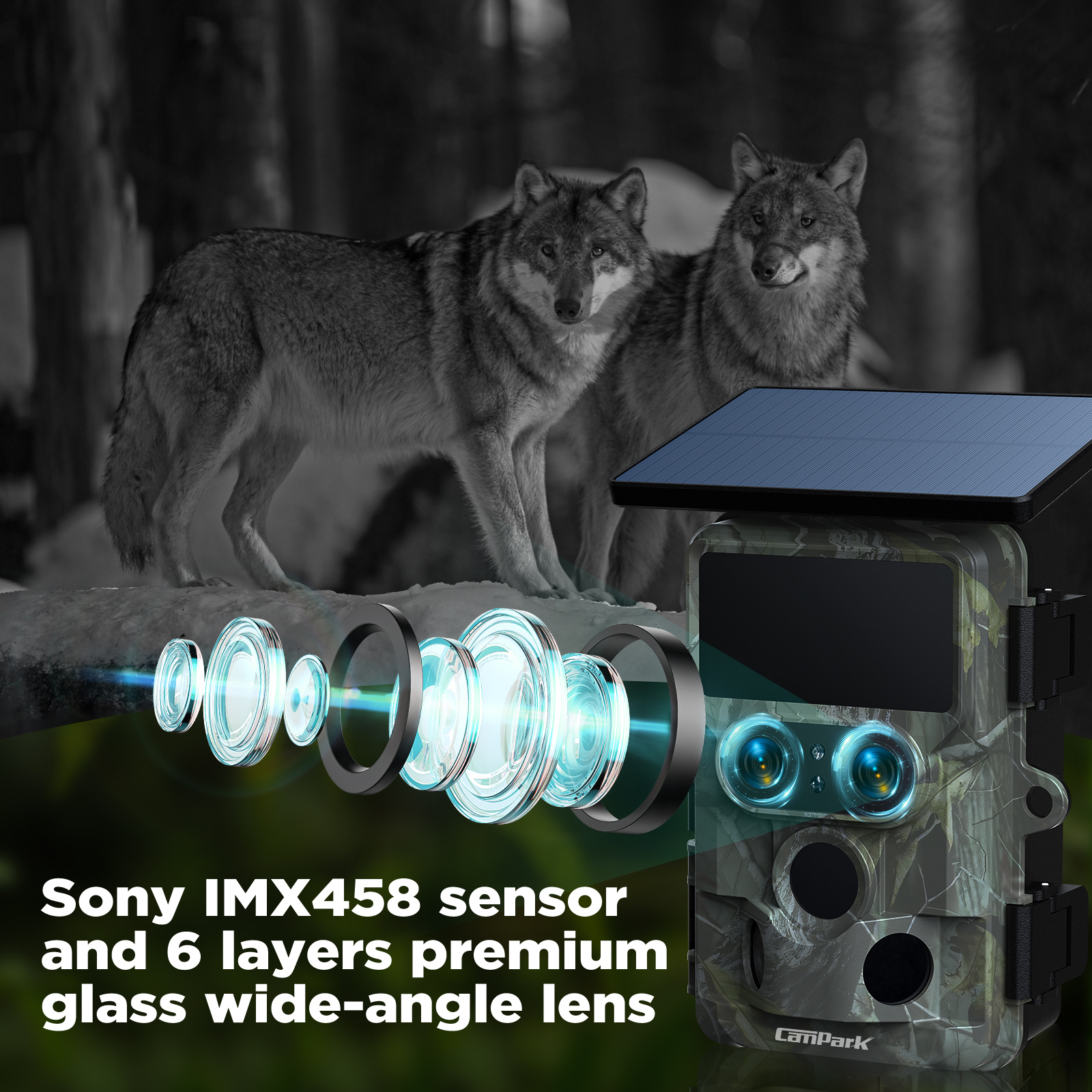 CAMPARK Solar Powered Trail Camera with SD Card WiFi 60MP 4K UHD Dual Lens Game Camera with IMX458 Sensors 0.1s Motion Activated Night Vision Waterproof Hunting Trail Cam for Wildlife Monitoring</div