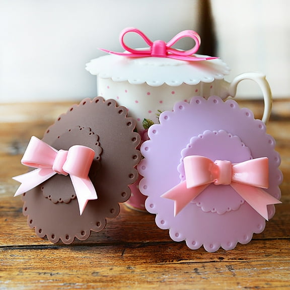 D-GROEE 10.5cm Cute Bowknot Anti-dust Silicone Glass Cup Cover Coffee Mug Suction Seal Lid Cap,Food Grade Silicone Cup Cover, Pack of 3