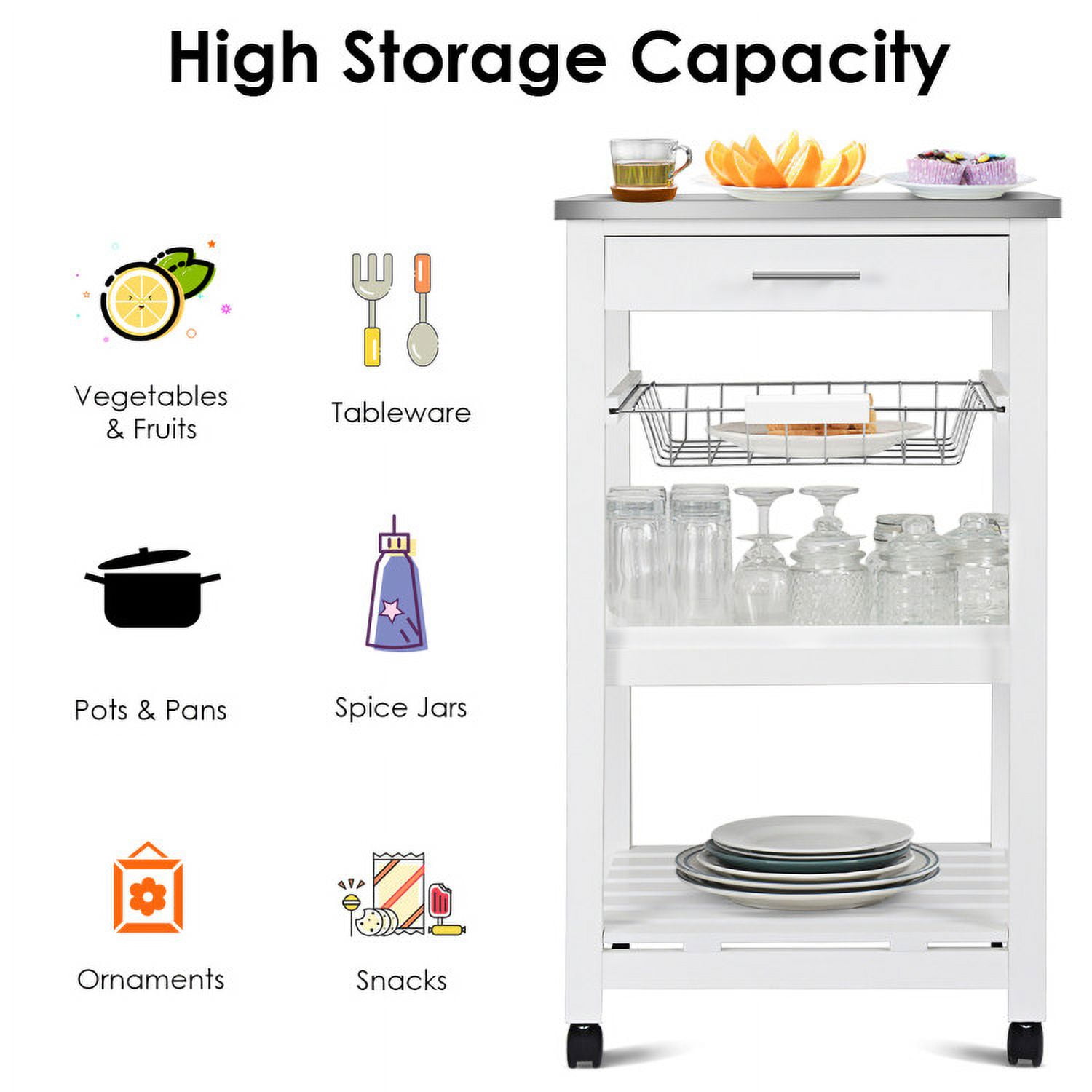 Finihen Rolling Cart, Kitchen Island Cart, Kitchen Island Cart with Stainless Steel Tabletop and Basket, for Kitchen, Dining Room, White Finihen Rolling Cart, Kitchen Island Cart, Kitchen Island Cart with Stainless Steel Tabletop and Basket, for Kitchen, Dining Room, White