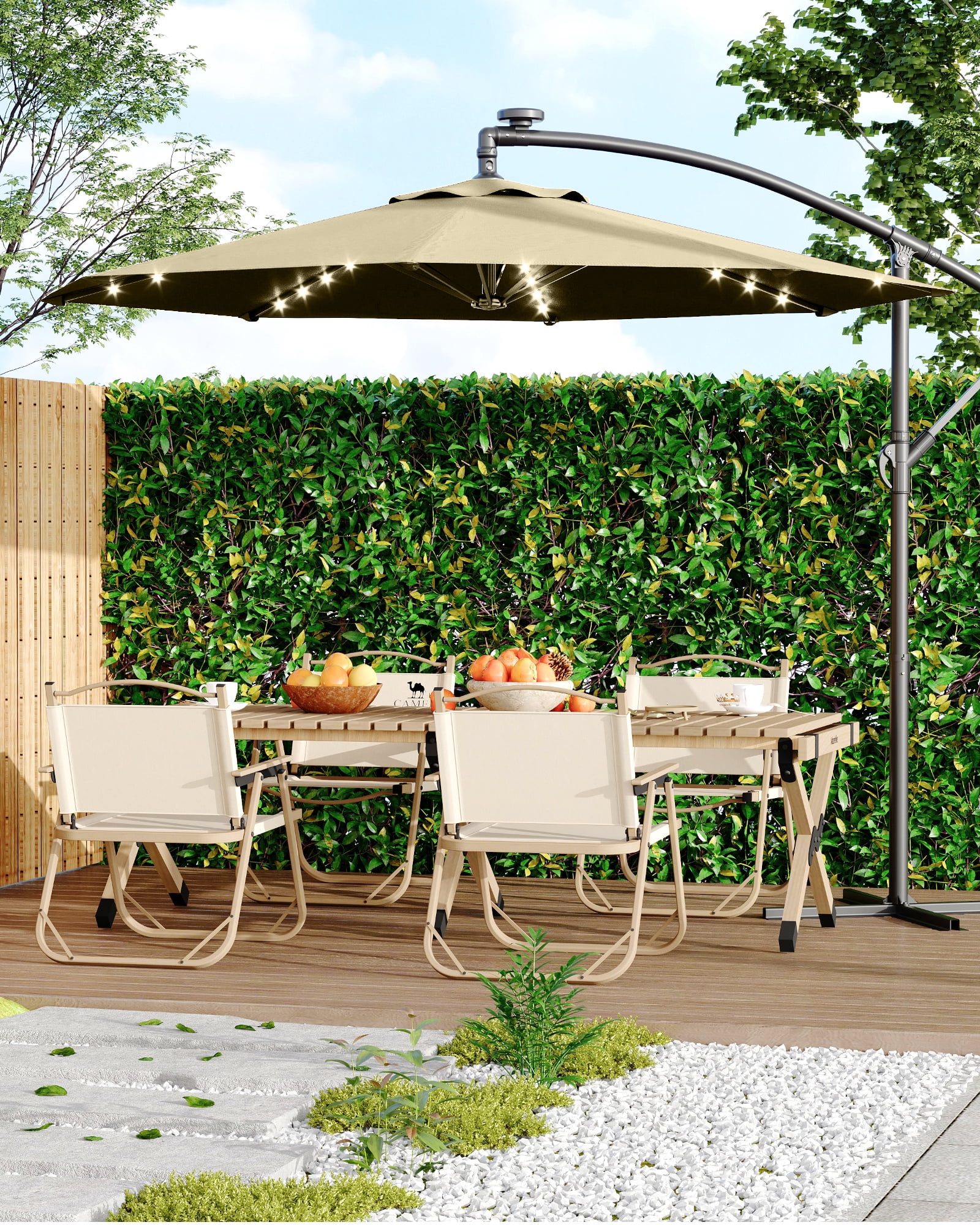 10ft Solar LED Offset Hanging Market Patio Umbrella for Backyard, Poolside, Lawn and Garden w/Easy Tilt Adjustment, UV Protection, Sturdy 8 Ribs - with 32 LED Lights