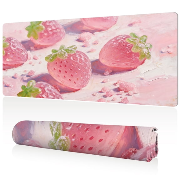 LIVEKEY Mouse Pad Ultra Large 80x40x0.3cm Full Desk Coverage Pink Strawberry and Sugar Crystal Art with Sewn Edges for Gaming and Office