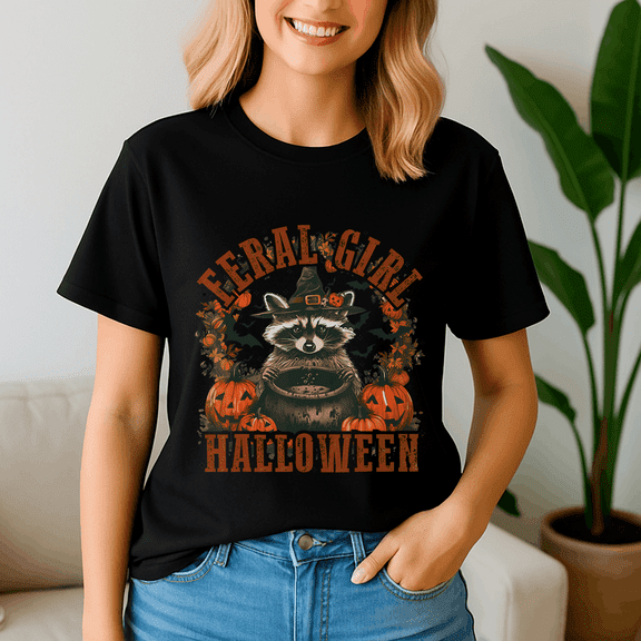 Feral Girl Funny Raccoon,Halloween Shirt, Spooky Season Tee, Happy Halloween , Ghost Pumpkin Tshirt, Funny Holiday Gift