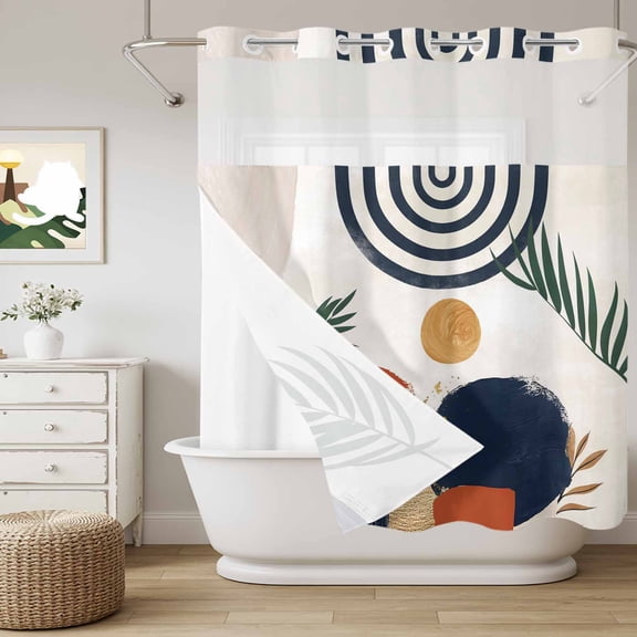No Hook Shower Curtain with Snap in Liner, Bohemian Arch Stripe Tropical Palm Leaf Curtain Set See-Through Top Double Layers Abstract Geometric art Shower Curtains for Bathroom Decor, 72x72in