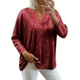 thumbnail image 2 of TARIENDY Sequin Shirts for Women V Neck Sparkly Glitter Tops for Party Night Dressy Casual Long Sleeve Blouse Shirt Wine XL, 2 of 7
