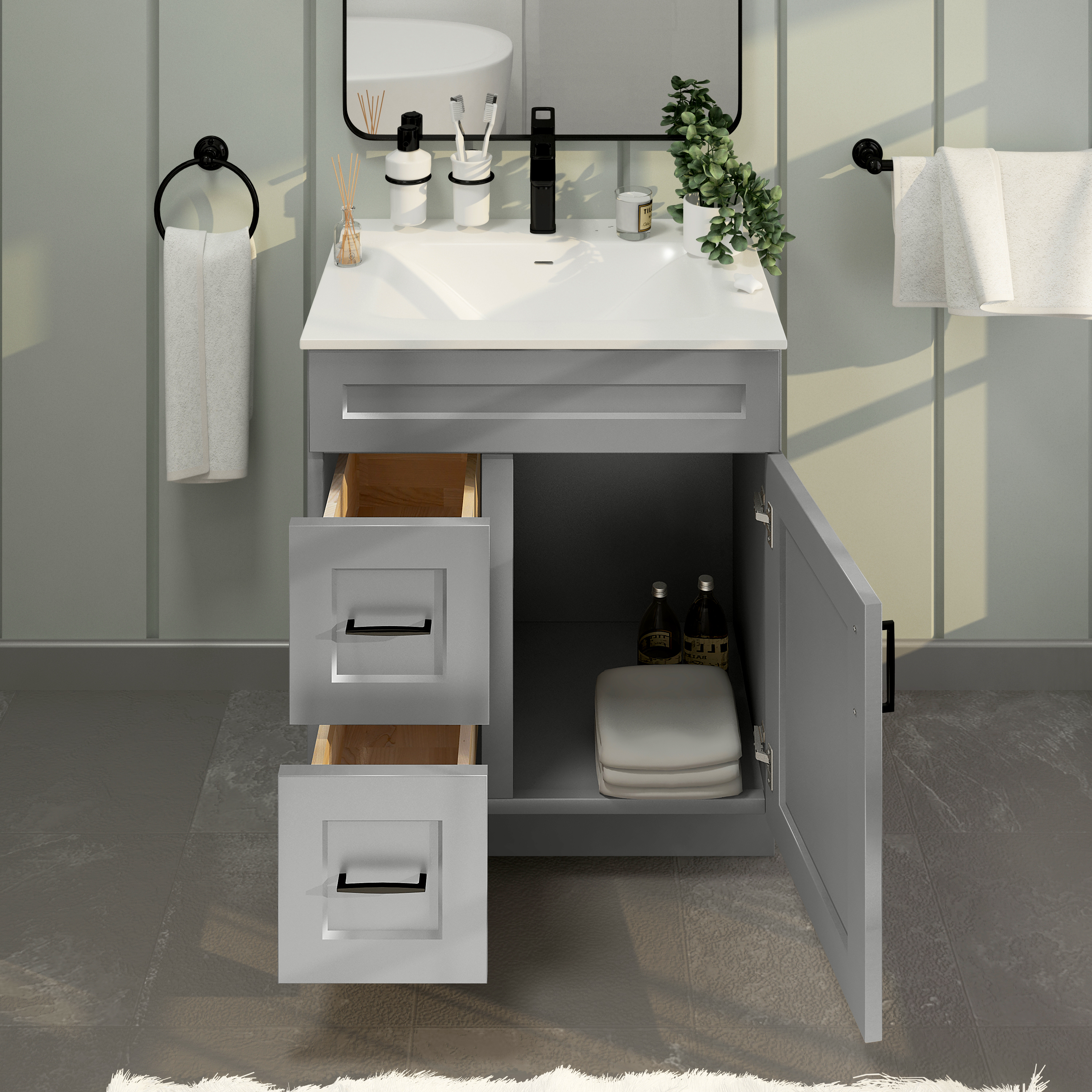 Light Grey Shaker Bathroom Vanity Sink Base with Drawers 30" Ready-to-Assemble Cabinet