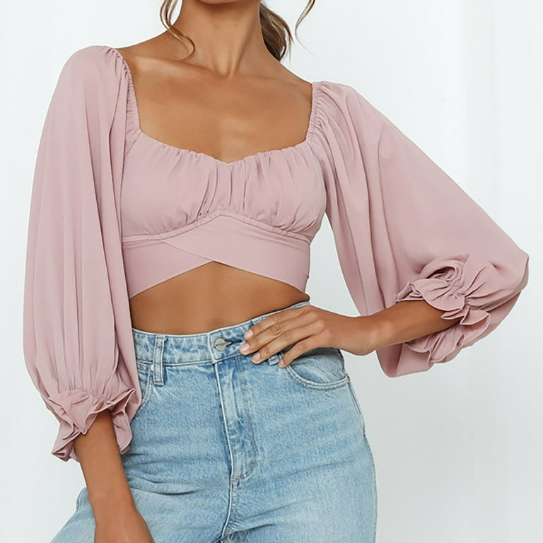 HTNBO Women Long Sleeve Cropped Tops Going out Casual Fall Off Shoulder  Cami Shirt