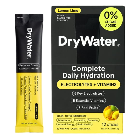 DryWater Lemon Lime Electrolyte & Vitamin Hydration Powder, 12 Count Packets