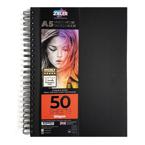 Zieler® A5 Spiral Bound Hardback Mixed Media Sketchbook (Portrait), 150gsm, 50 sheets
