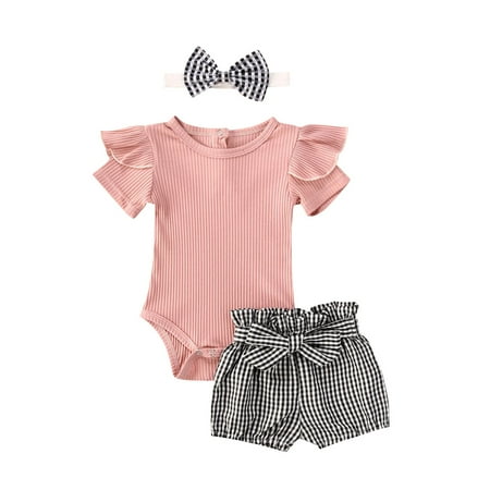 

Musuos 3Pcs Baby Summer Outfits Solid Color O-Neck Ruffle Sleeves Romper + Plaid Shorts + Hairband for Toddler Girls