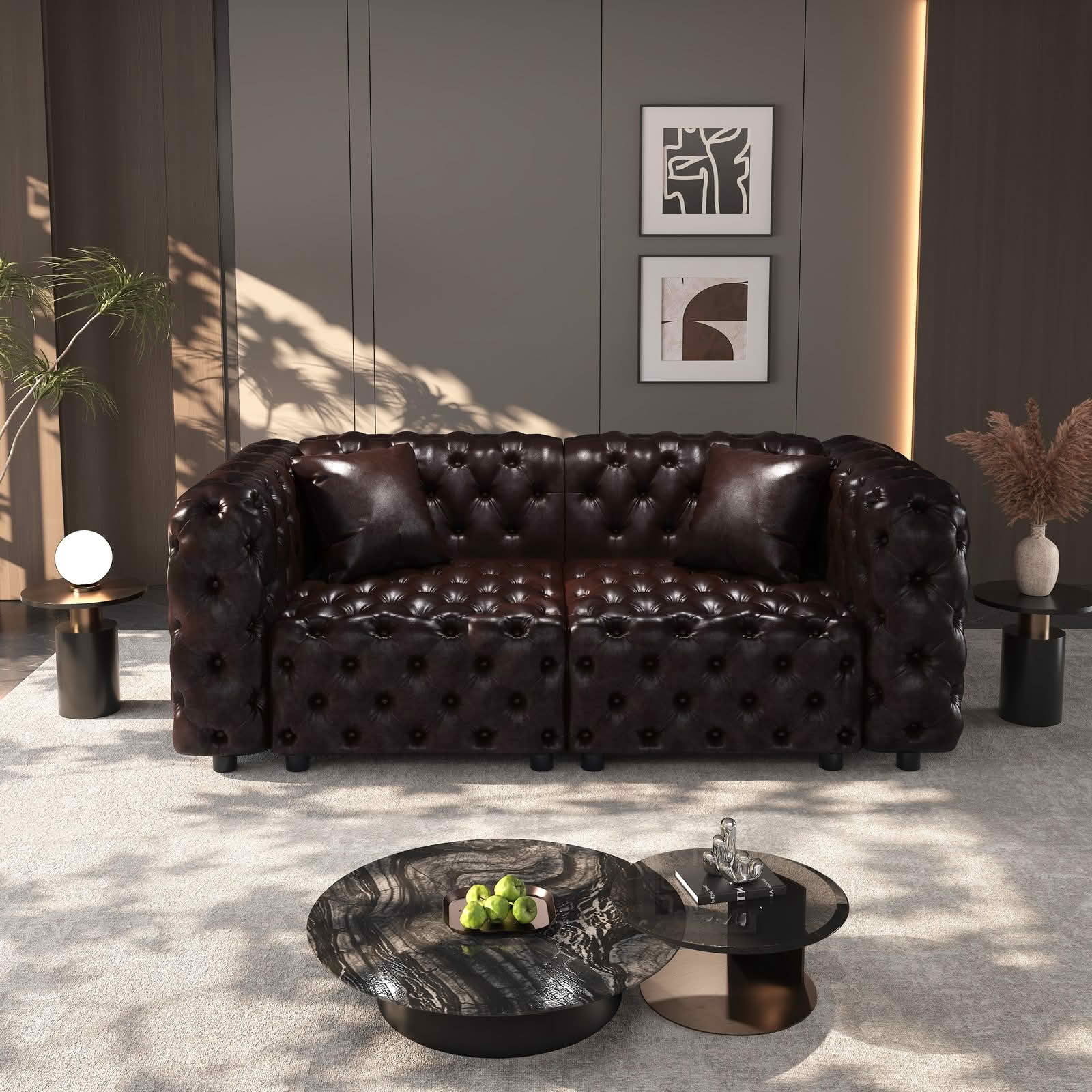 MAYEERTY 77 Inch Faux‑Leather 2‑Seat Modular Sofa, Handcrafted Button Tufted Couch with 2 Pillows, Multi‑Layout for Living Room & Small Apartment