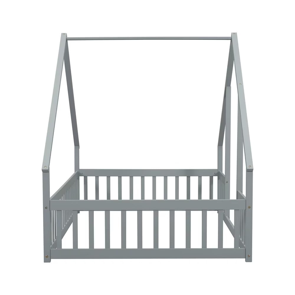 Full Size Floor Bed for Kids Toddlers, Wooden Montessori Bed Frame with Roof and Fence Guardrails, Playhouse Bed Tent Bed for Boys Girls Bedroom, Easy Assembly, Grey