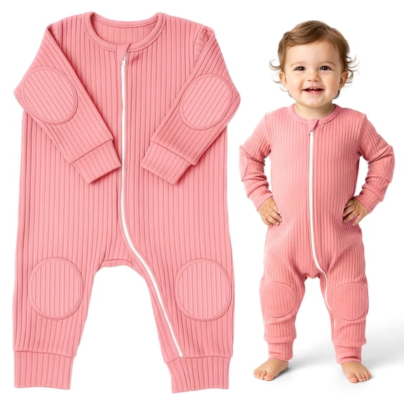NurtureNauts® Padded Baby Romper, 100% Cotton, Elbow & Knee Pads, 2-Way Zipper, Tagless (Pastel Pink, 18-24 Months)