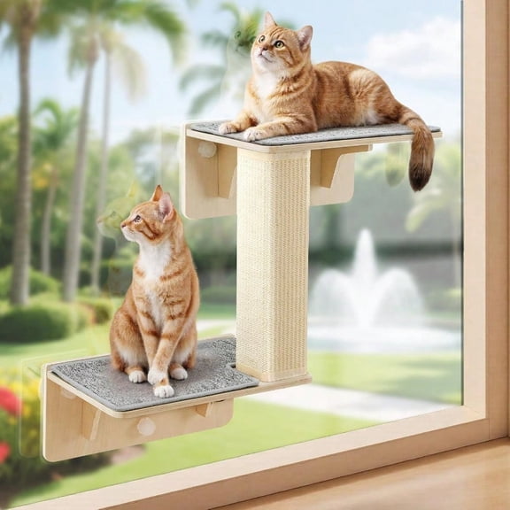 Double Cat Shees with Scratching Post for Wall and Window with Solid Wood Strong Suction Cup Washable Cover Mat Cats Perch Bed for Birds Watching Inside Indoor Cat Hammock Bed