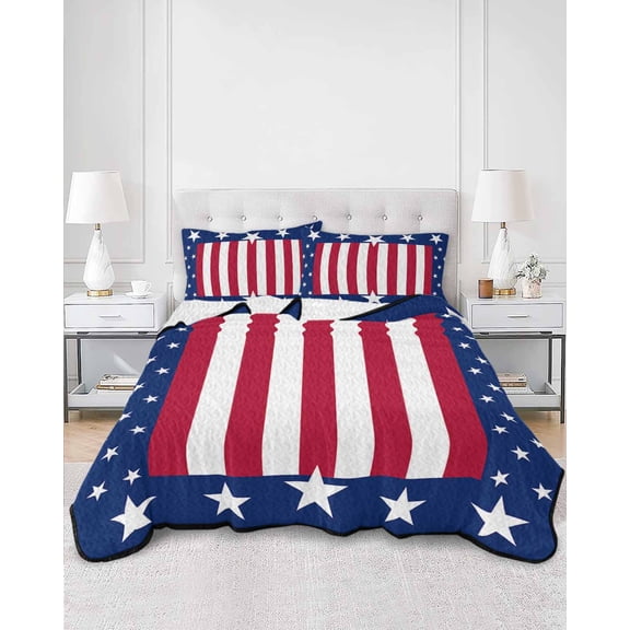 Quilts Twin XL Size, 4th of July Soft Comforter Bedding Set for Bed, Red White Stripes Star Blue Independence Day Lightweight Quilted Bedspread with Pillow Cover(2 Pieces) for All Season, 68x98 Inch