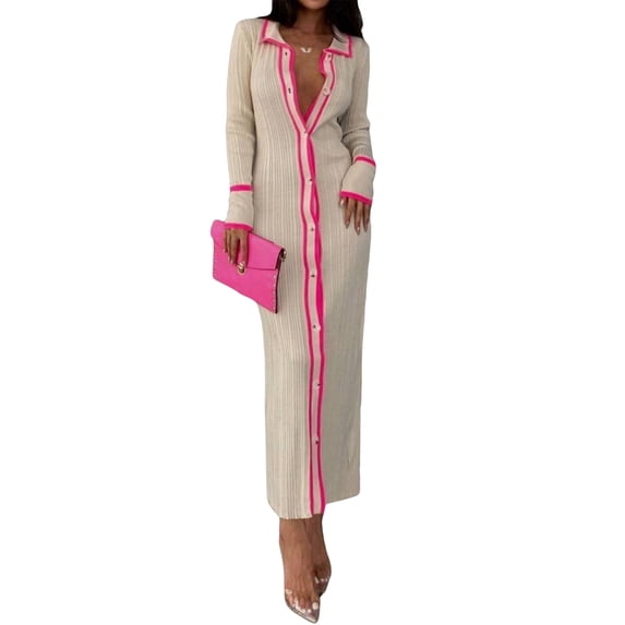 Coduop Women Button Down Knit Bodycon Sweater Dress Long Sleeve Lapel Collar Striped Maxi Dress