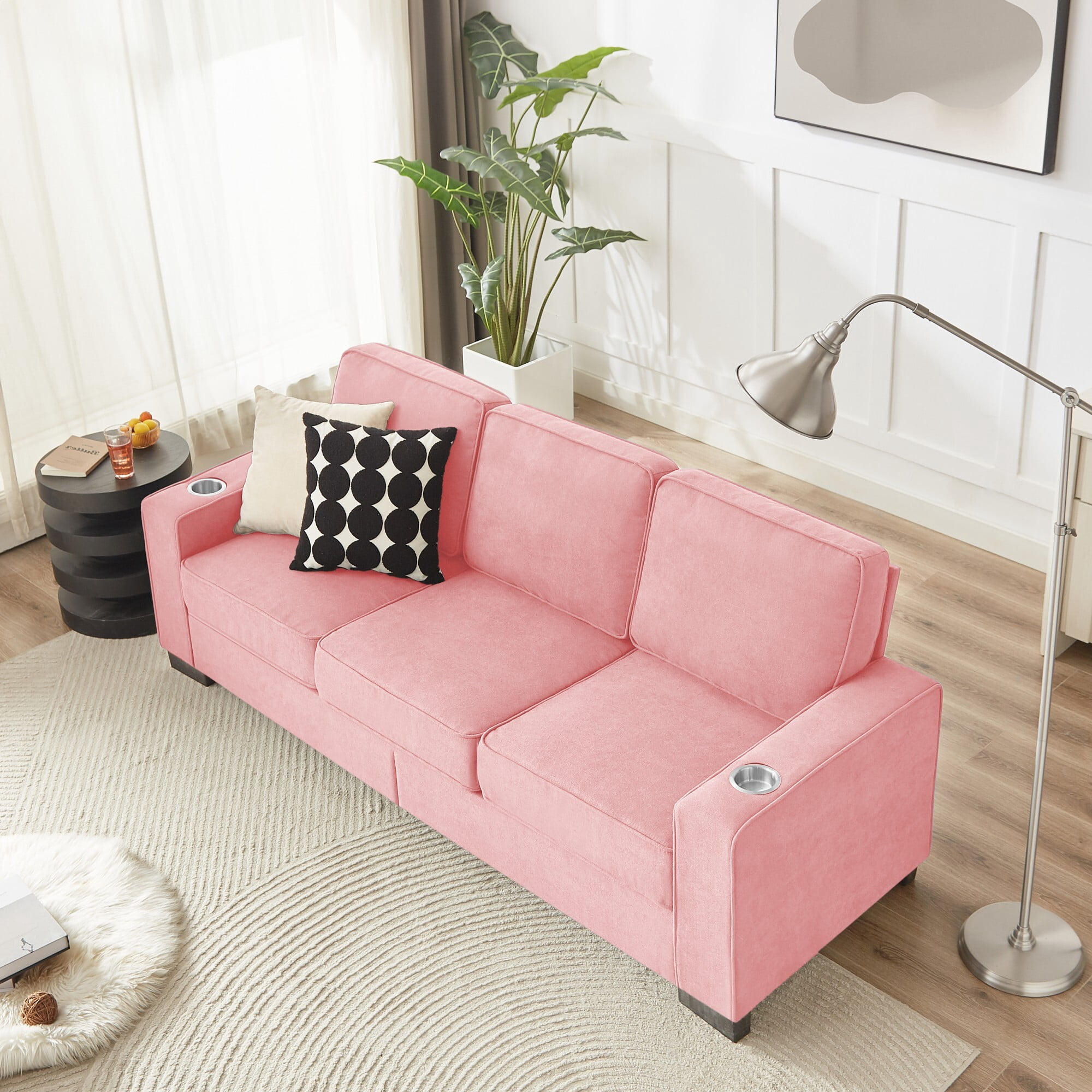 DEALTOPS 84" Modern Ice & Snow Velvet 3-Seater Sofa — Cozy Living Room Couch with Built-in Cup Holders, Pink