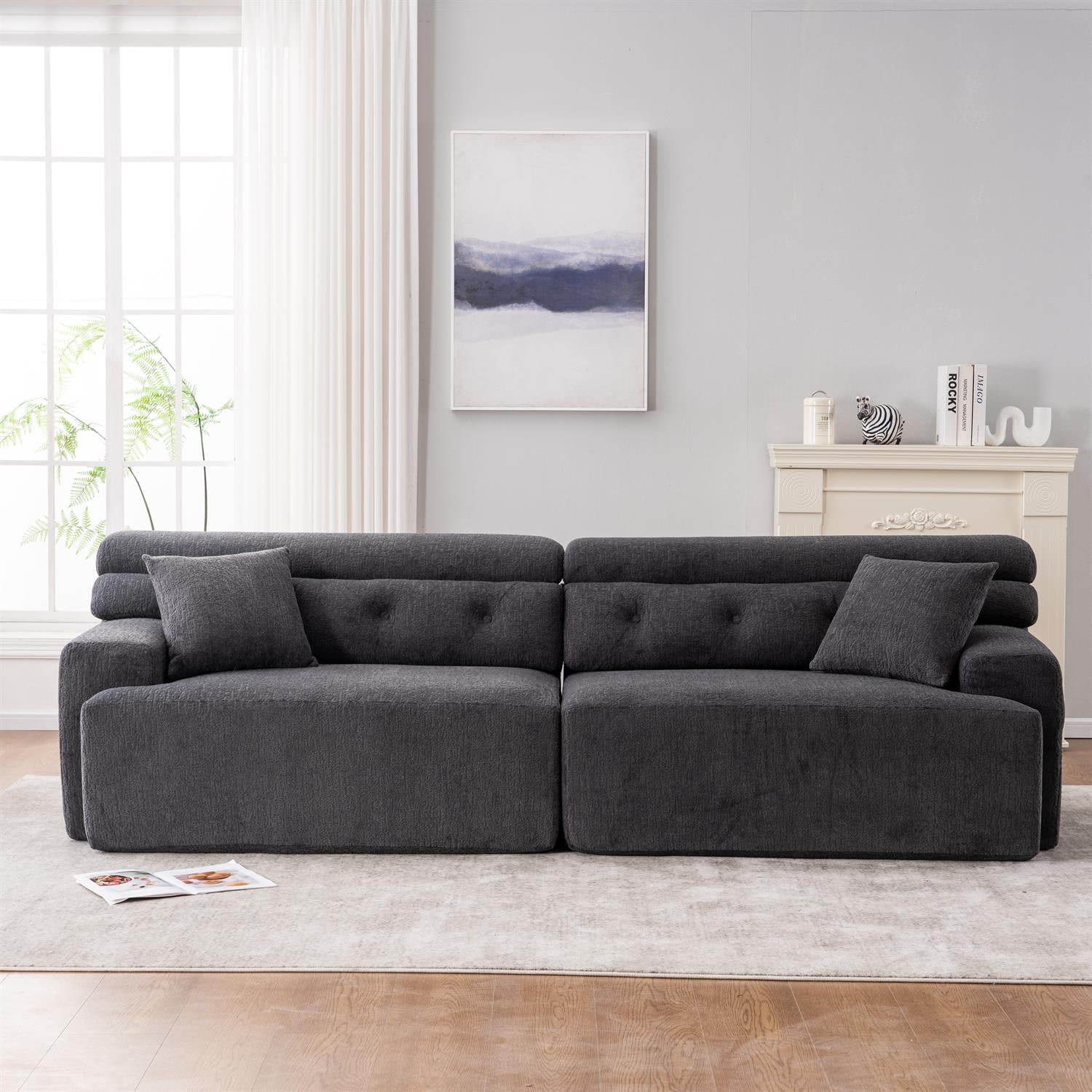 Demi Bonn 103" 4-Seater Compression Sofa Couch with Wood Grain Chenille Fabric, Full Sponge Cushion and 2 Cozy Pillows for Living Room, Gray