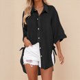 thumbnail image 2 of Kaprioy Womens Casual V Neck 3/4 Sleeve Button Down Shirts High Low Early Fall Fashion Blouse Tops For Women Trendy Oversize Elegant Loose Fit Shirt Long Blouse Casual Tunic Beach Bikini Cover Up, 2 of 4