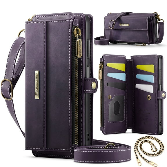 Dteck Crossbody Wallet Case for Samsung Galaxy A16 5G RFID Blocking 9-Card Holder Matte PU Leather Magnetic Snap Shoulder Strap Zipper Pocket Phone Case Fit for Samsung Galaxy A16 5G,Purple