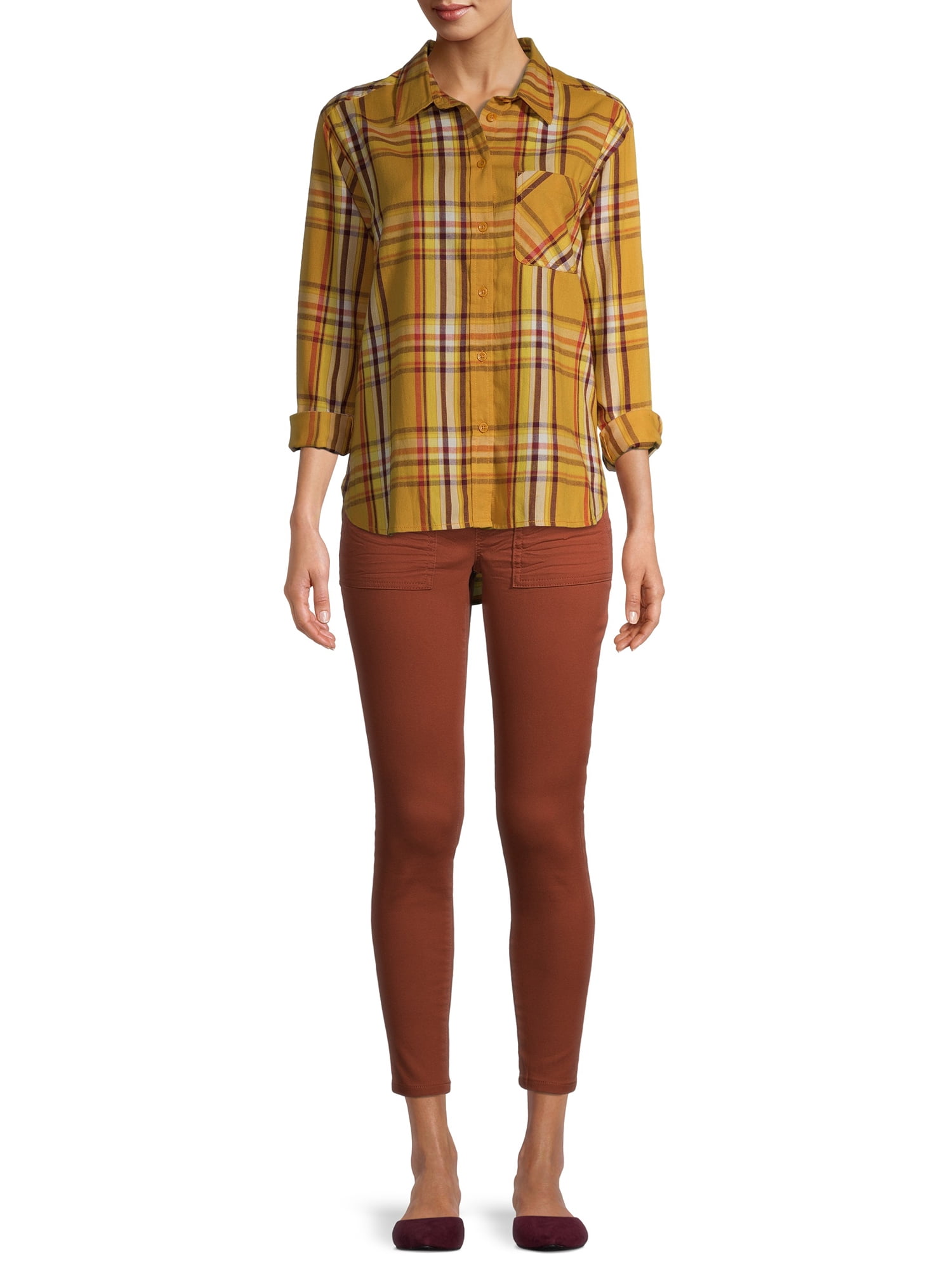 Time and Tru Women's Plaid Flannel Button Front Shirt