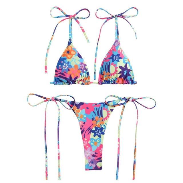 Swimsuits for Women Print Three-Point Stylish Adjustable Push Up Bikinis Purple Womens Bathing Suits L