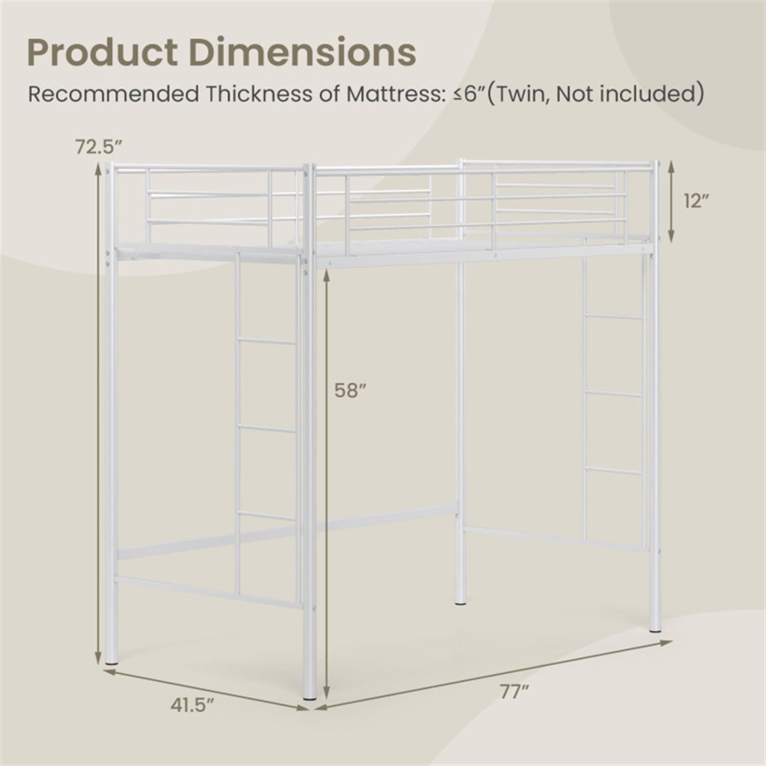 Demi Bonn Metal Twin Loft Bed Frame with 2 Ladders Full-length Guardrail for Teens, White
