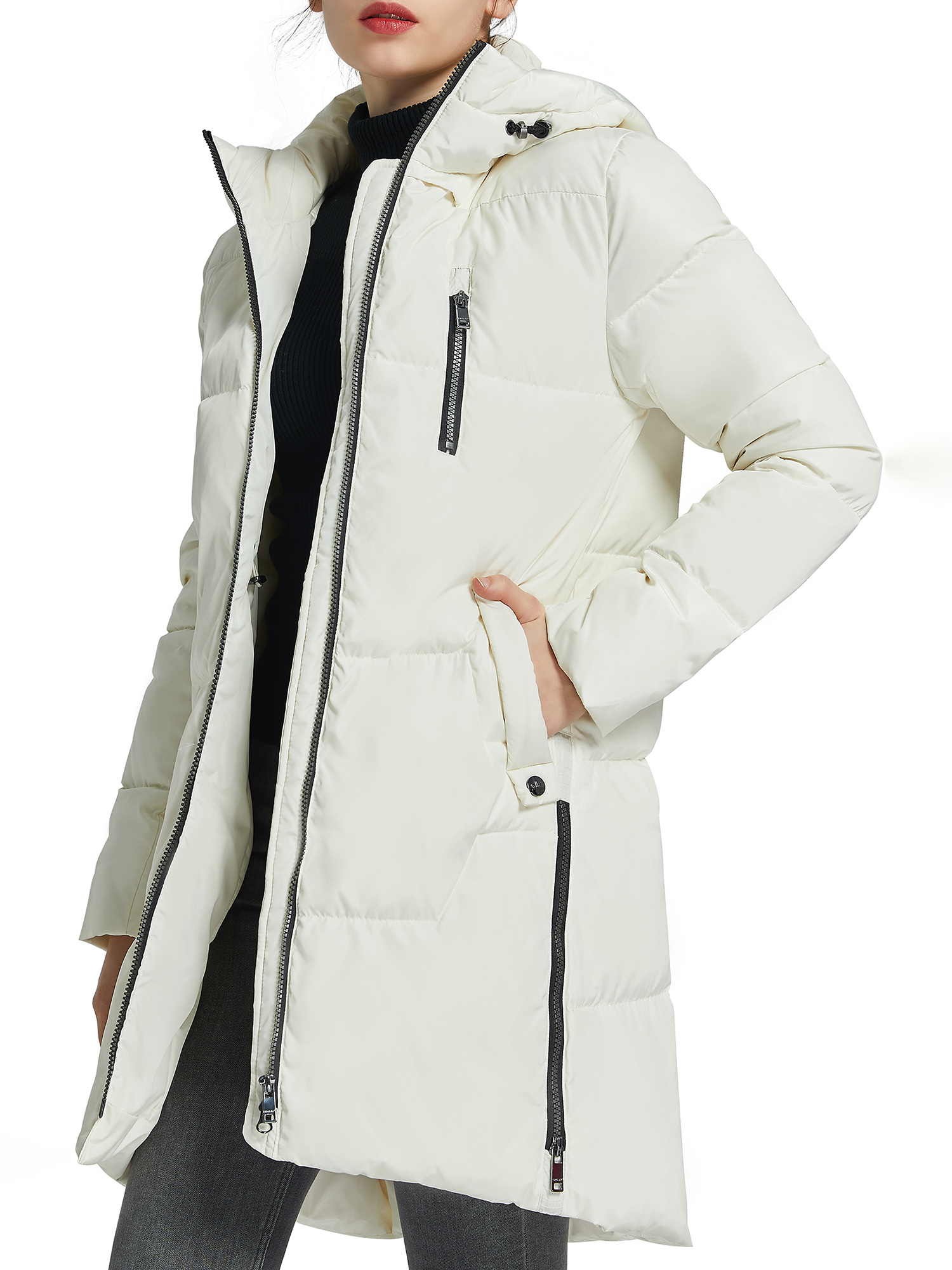 Orolay Women's Quilted Down Jacket Winter Down Coat Parka Coat with Hood Mid Lrngth Down Parka White XS - image 3 of 5