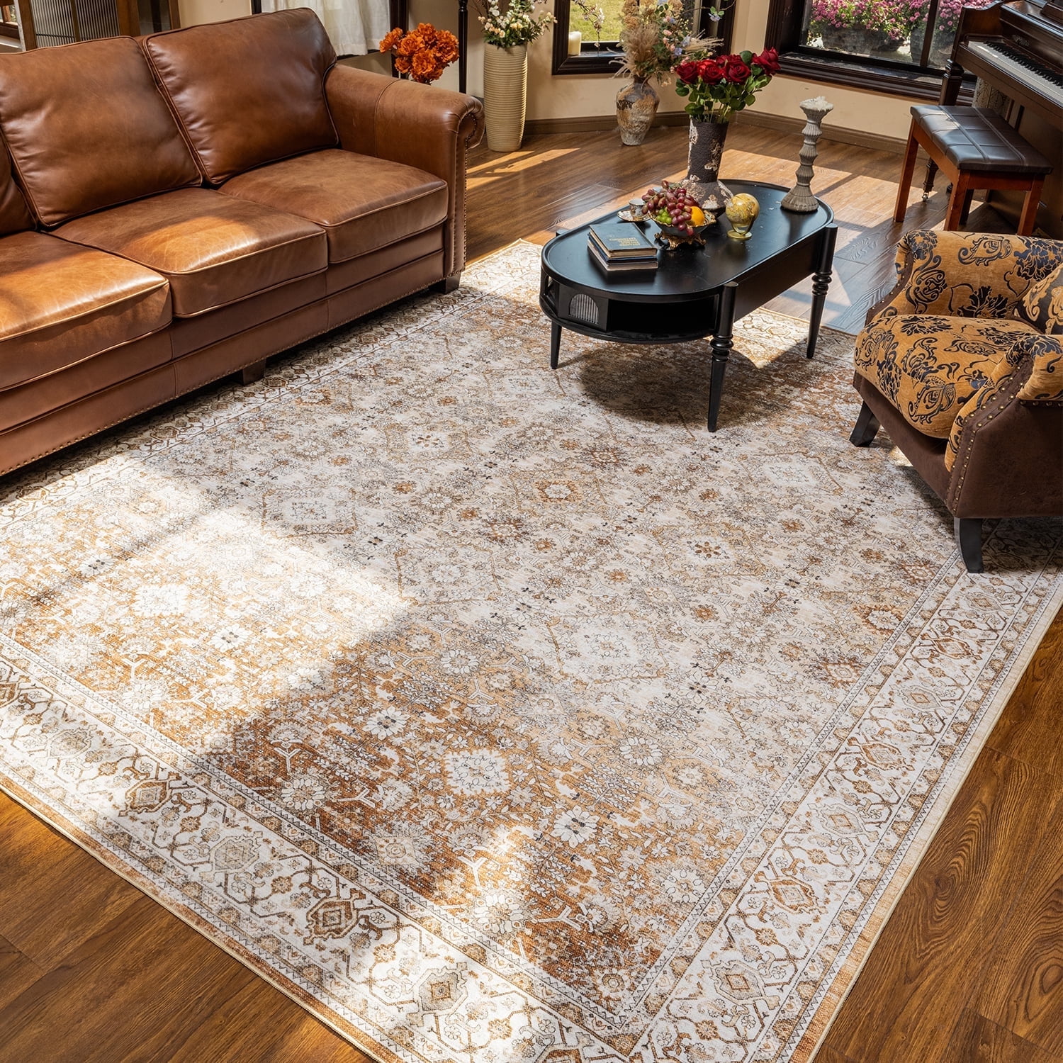 SIXHOME 4'x6' Area Rugs for Living Room Washable Rugs Ombre Vintage Floral Living Room Rug Aesthetic Carpet Soft Large Rugs for Bedroom Dining Room Office Retro Home Decor Tan and Orange