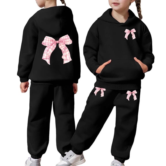 Letdown Girls Sweatpants Set - 2 Piece Bow Print Fashion Crewneck Hooded Sweatshirt and Jogger Sweatpants for Girls Matching Set (Black,2-3Years)