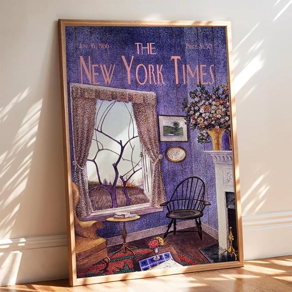 New York Times 1986 Poster: Floral Window View, Purple Walls, Nostalgic Home Decor, Unframed Poster Size 12x18