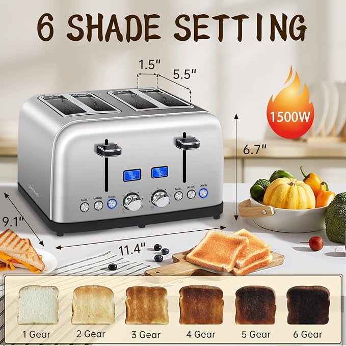 Toaster 4 Slice, LCD Display, 6 Shade Settings, 1.5'' Wide Slots, Digital Stainless Toaster for Bagel, Defrost, Reheat, Dual Control, Removable Crumb Tray, 1500W, Silver Metallic