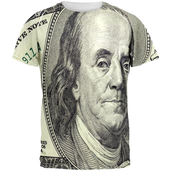 Ben Franklin Hundred Dollar Bill All Over Adult T-Shirt - Large