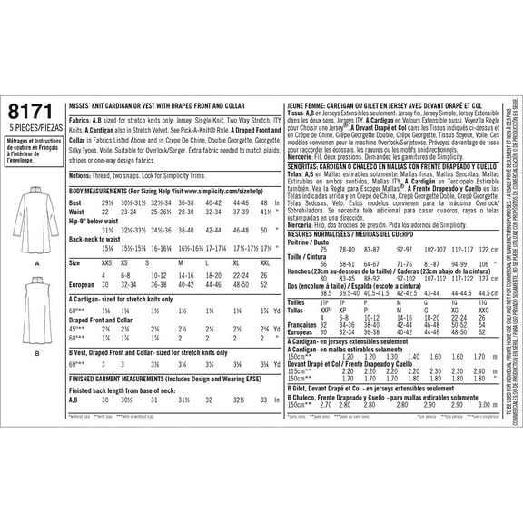 Simplicity Misses' Size XXS-XXL Knit Cardigan or Vest Pattern, 1 Each