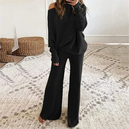 

Pajamas for Women KKCXFJX Sweaters Sets For Women Lounge Sets Boatneck Long Sleeve Knit Tops And Drawstring Casual Knitted Pants Solid 2 Piece Outfits